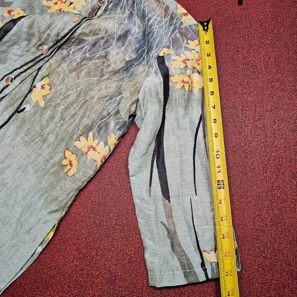 Citron Watercolor Floral Linen Silk Button Up Shirt XS Mandarin Collar Coastal - Picture 8 of 9